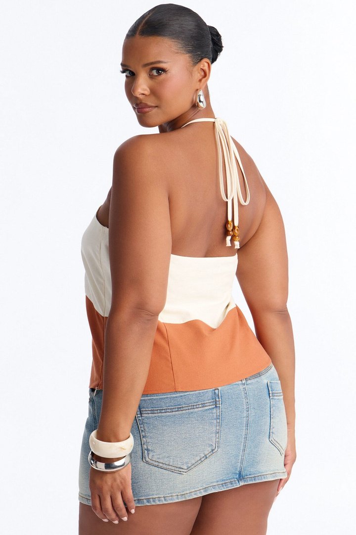 Pretty Playful Beaded Contrast Linen Halter Top - Cream/combo