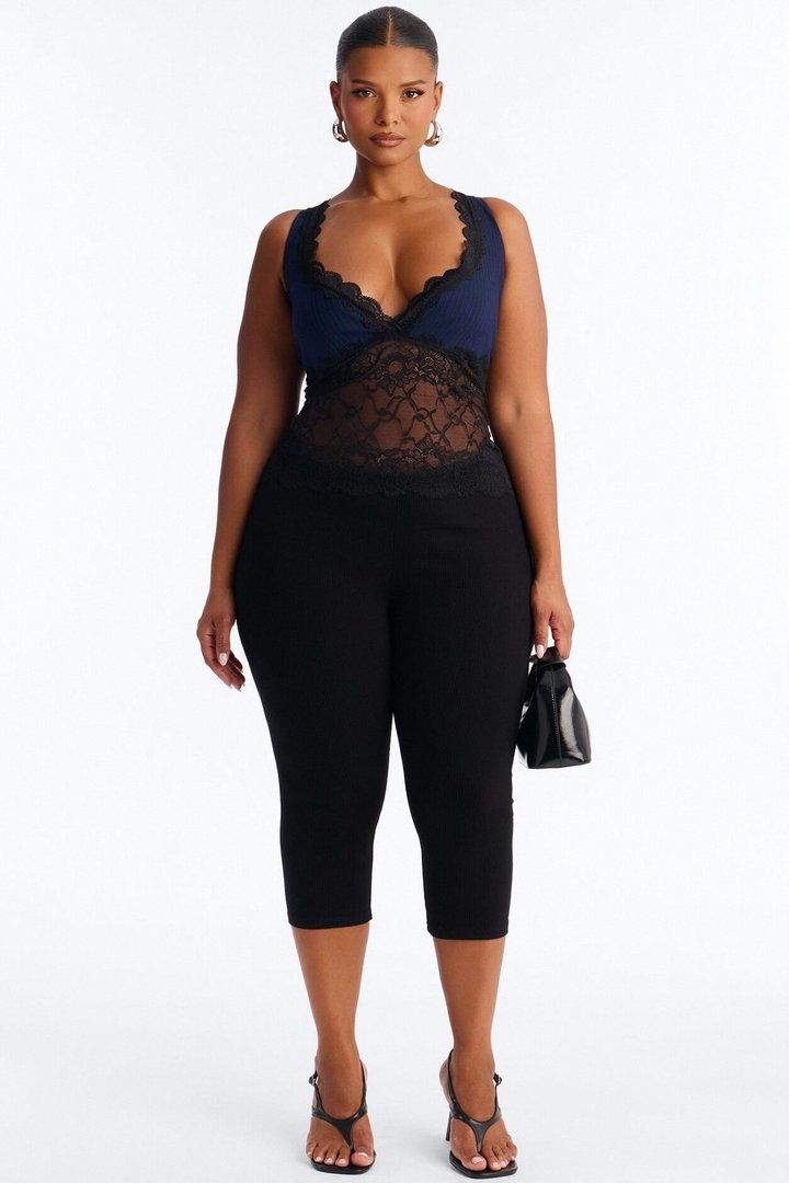 Allison Sheer Lace V Neck Top - Navy/combo