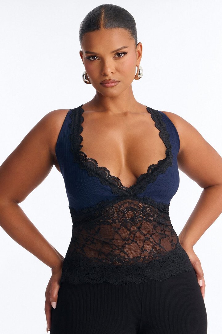Allison Sheer Lace V Neck Top - Navy/combo