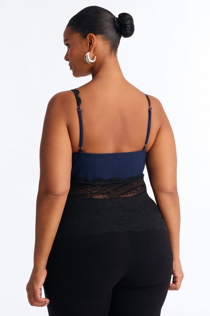 Allison Sheer Lace V Neck Top - Navy/combo