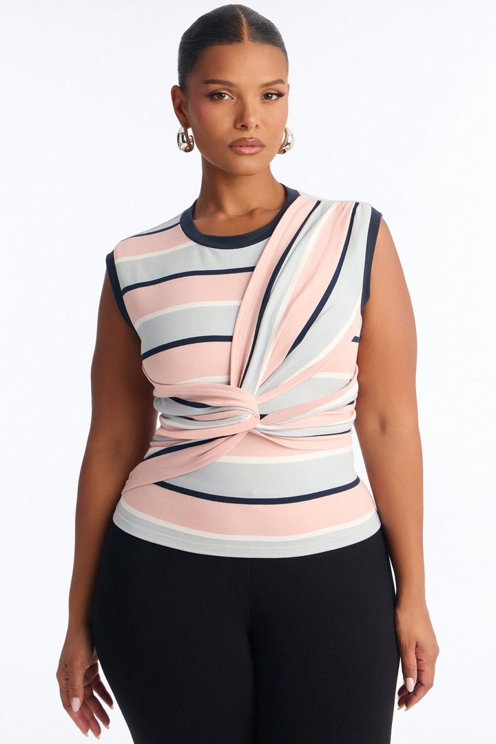 Jackie Striped Sleeveless Twist T-Shirt - Rose/Combo