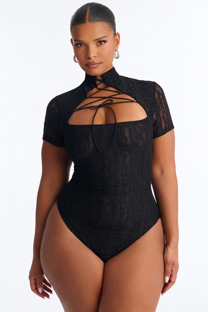 Lianne Lace Mock Neck Bodysuit - Black