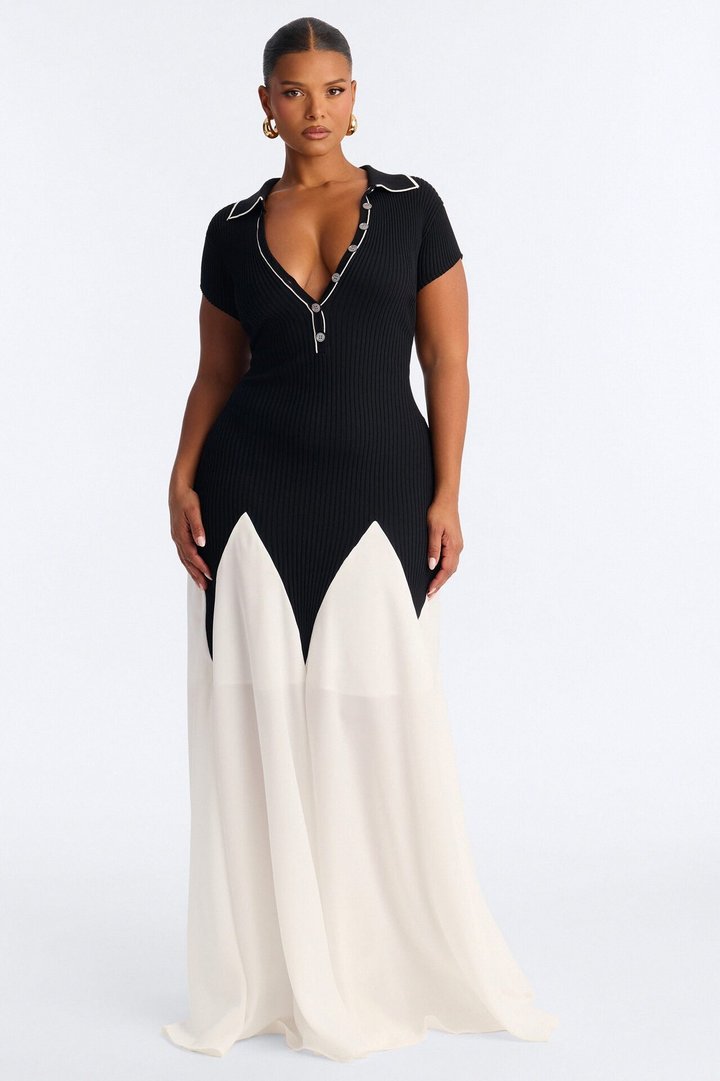 Daytime Vibing Collared Maxi Dress - Black/White