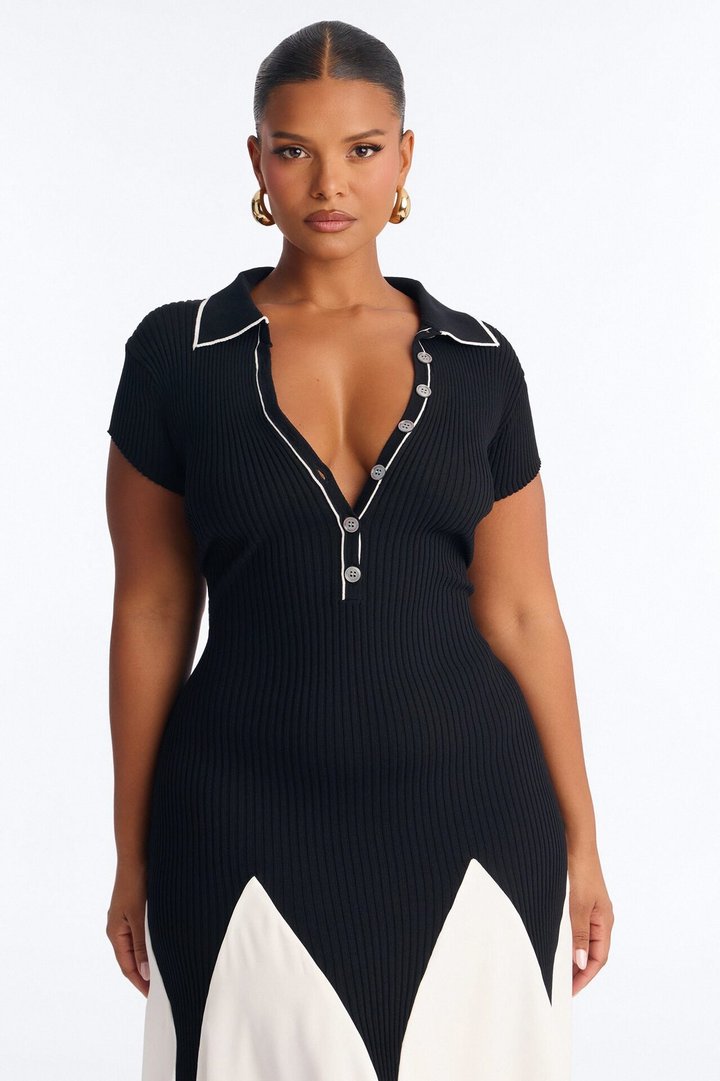 Daytime Vibing Collared Maxi Dress - Black/White