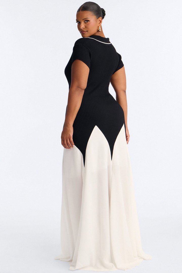 Daytime Vibing Collared Maxi Dress - Black/White