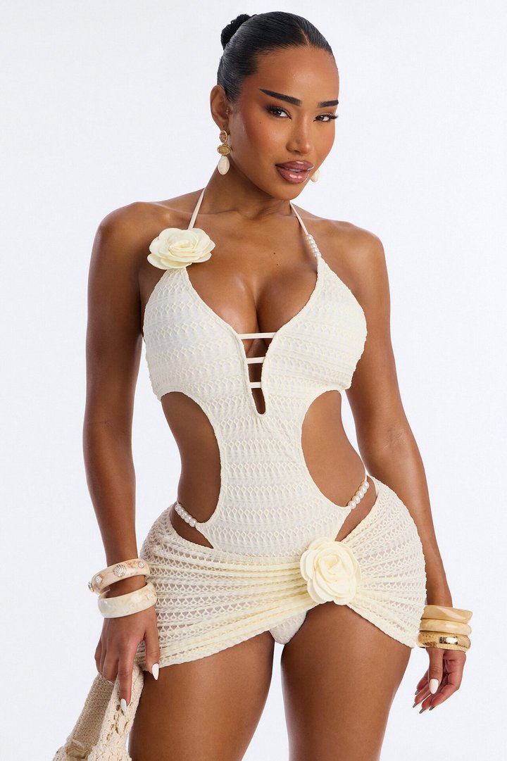 Janny Textured Floral Applique 1 Piece Swimsuit & Sarong Set - White