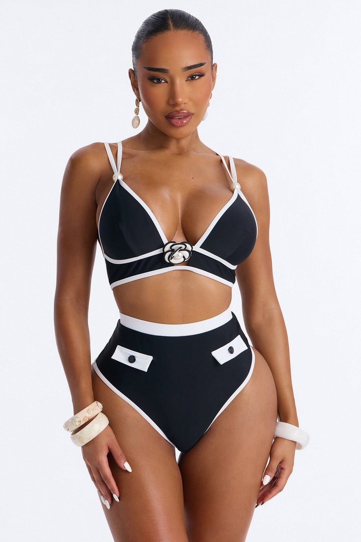Classic Chic Summer Pearl Flower Bralette Bikini Set - Black/White