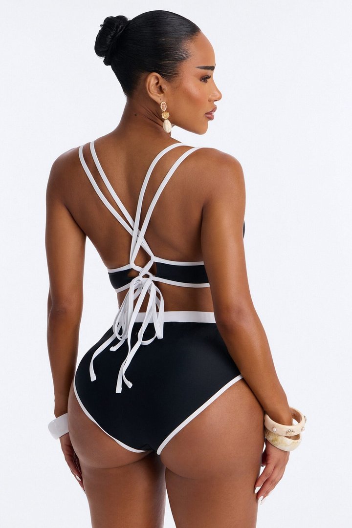 Classic Chic Summer Pearl Flower Bralette Bikini Set - Black/White
