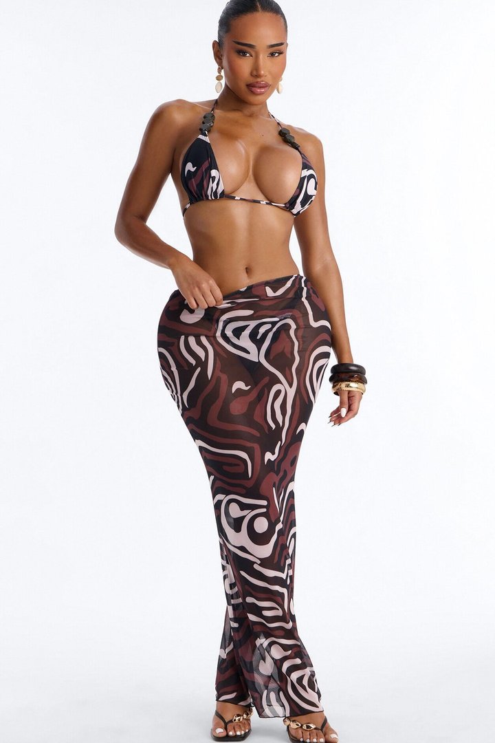 Cherise 3 Piece Swirl Print Beaded Triangle Bikini & Mesh Cover Up Maxi Skirt Sunsuit - Brown/combo