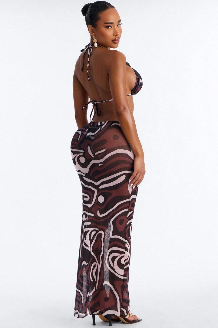 Cherise 3 Piece Swirl Print Beaded Triangle Bikini & Mesh Cover Up Maxi Skirt Sunsuit - Brown/combo