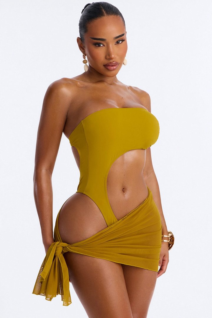 Ocean Club 1 Piece Cut Out Swimsuit & Mini Cover Up Mesh Sarong Set - Gold