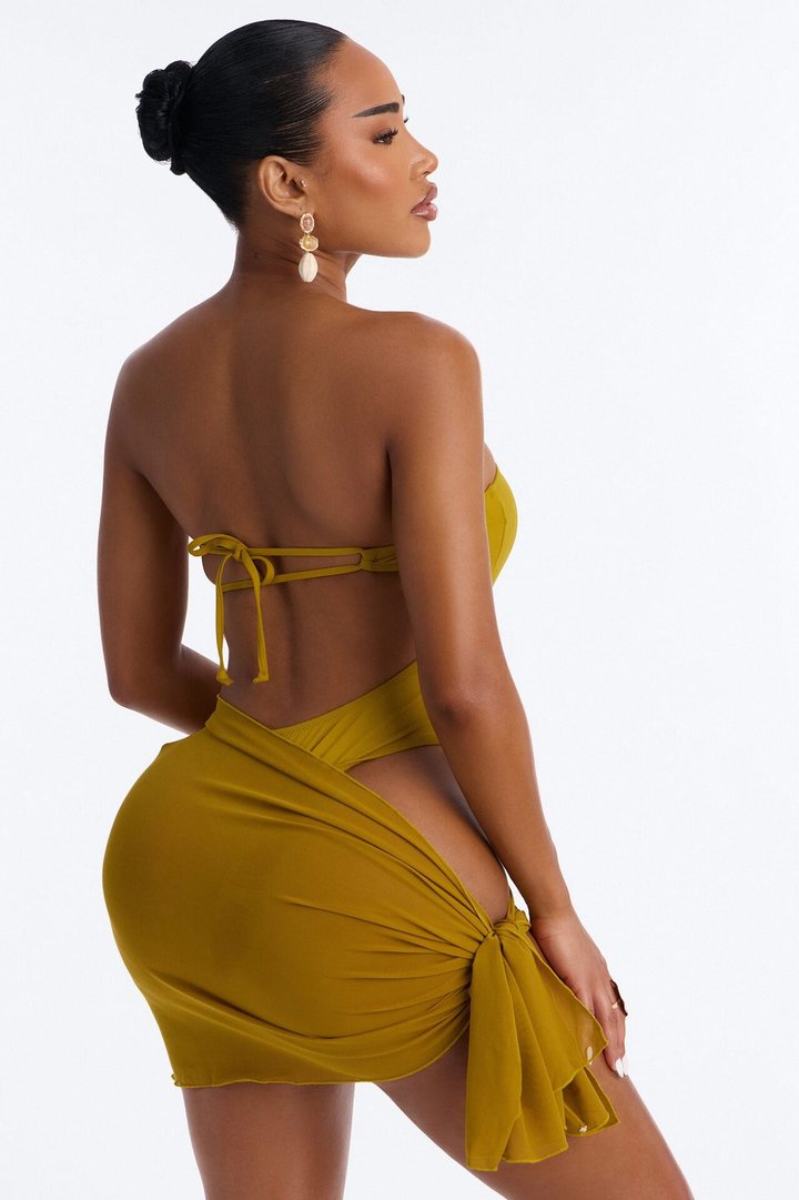 Ocean Club 1 Piece Cut Out Swimsuit & Mini Cover Up Mesh Sarong Set - Gold