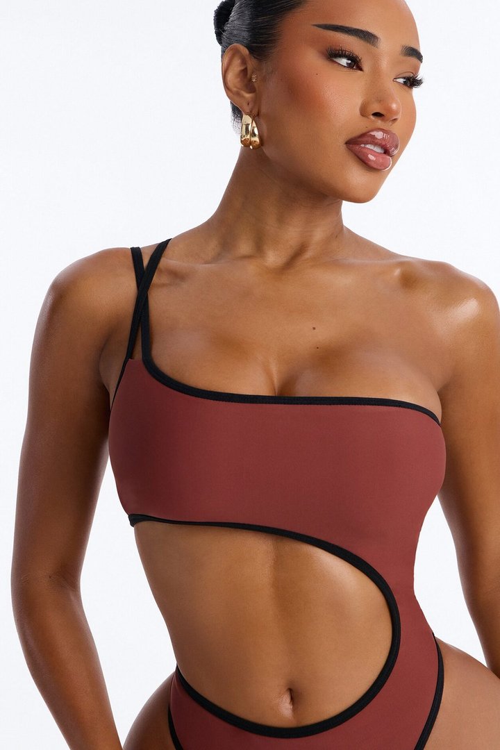Riviera Ready 1 Piece One Shoulder Cut Out Swimsuit - Brown/combo