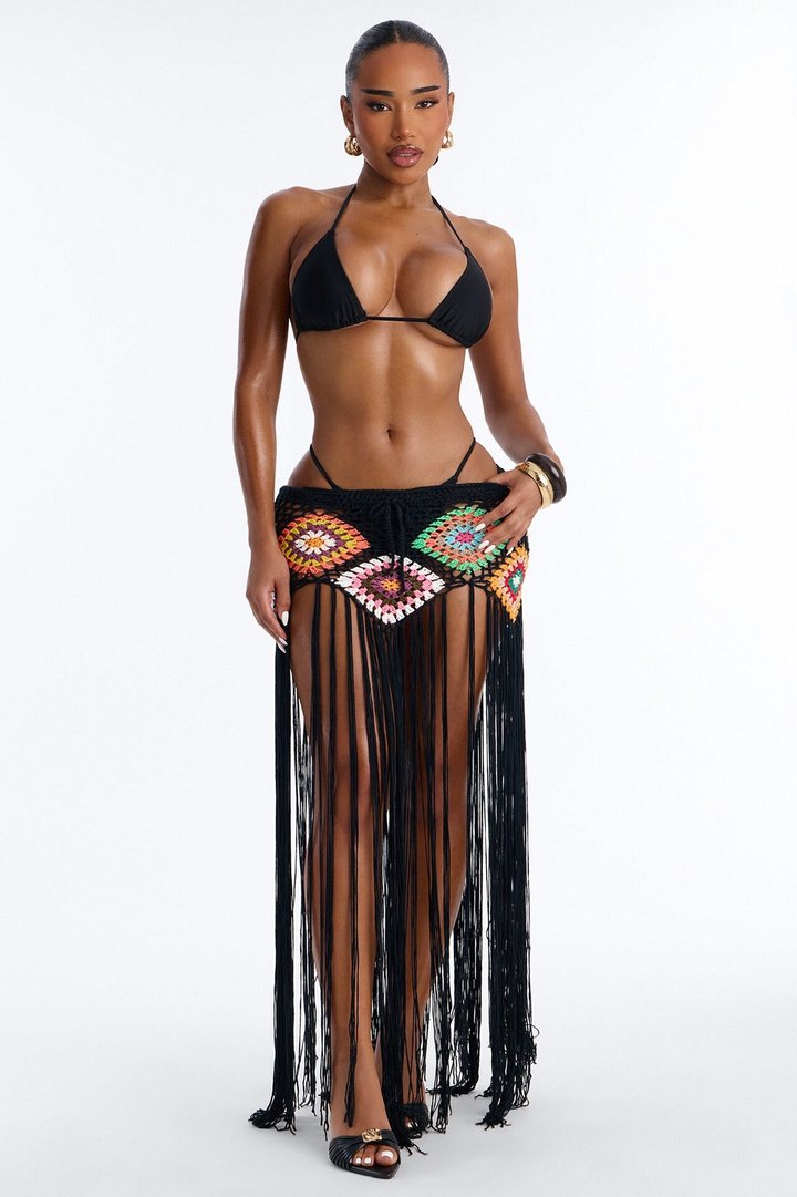 Aliana Crochet Fringe Cover Up Skirt - Black/combo