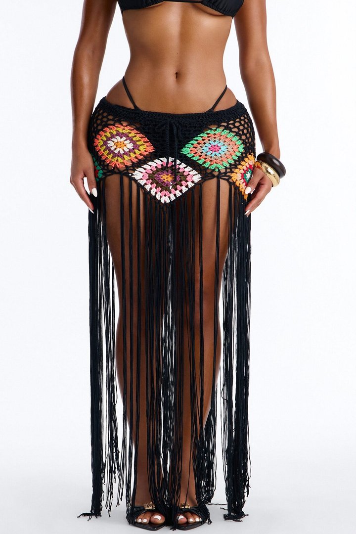Aliana Crochet Fringe Cover Up Skirt - Black/combo