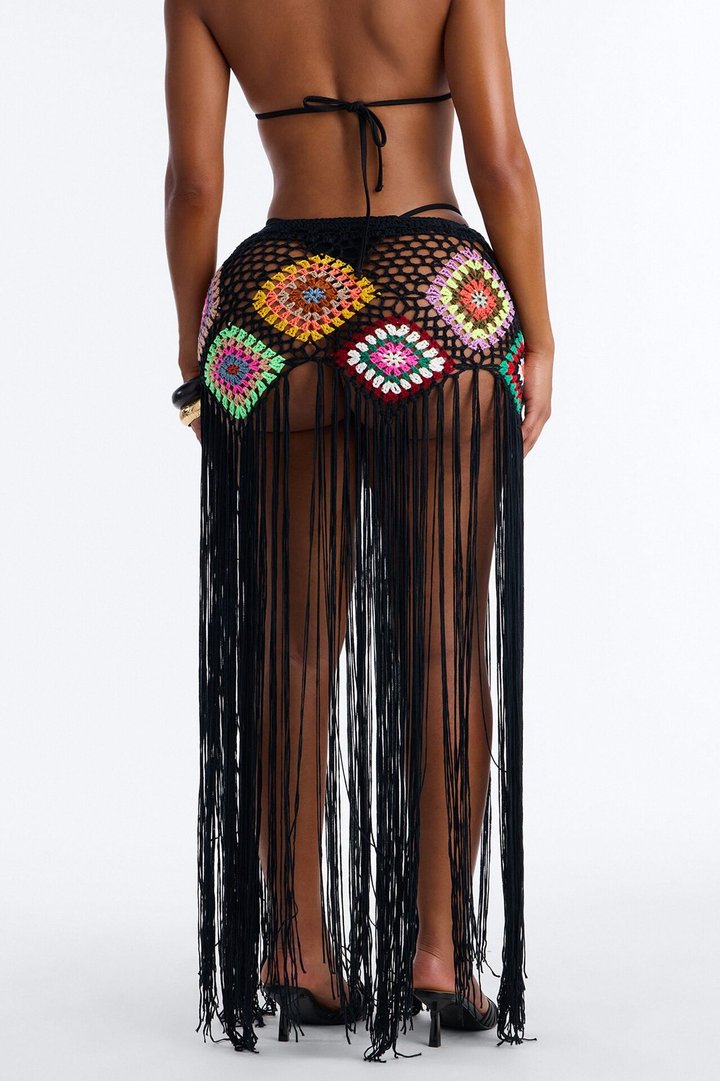 Aliana Crochet Fringe Cover Up Skirt - Black/combo