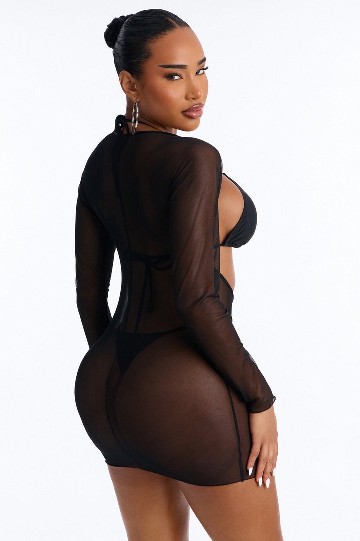 Find Your Groove Mesh Swim Cover Up Mini Dress - Black