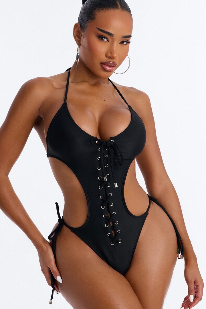 Built Like This 1 Piece Halter Lace Up Swimsuit - Black