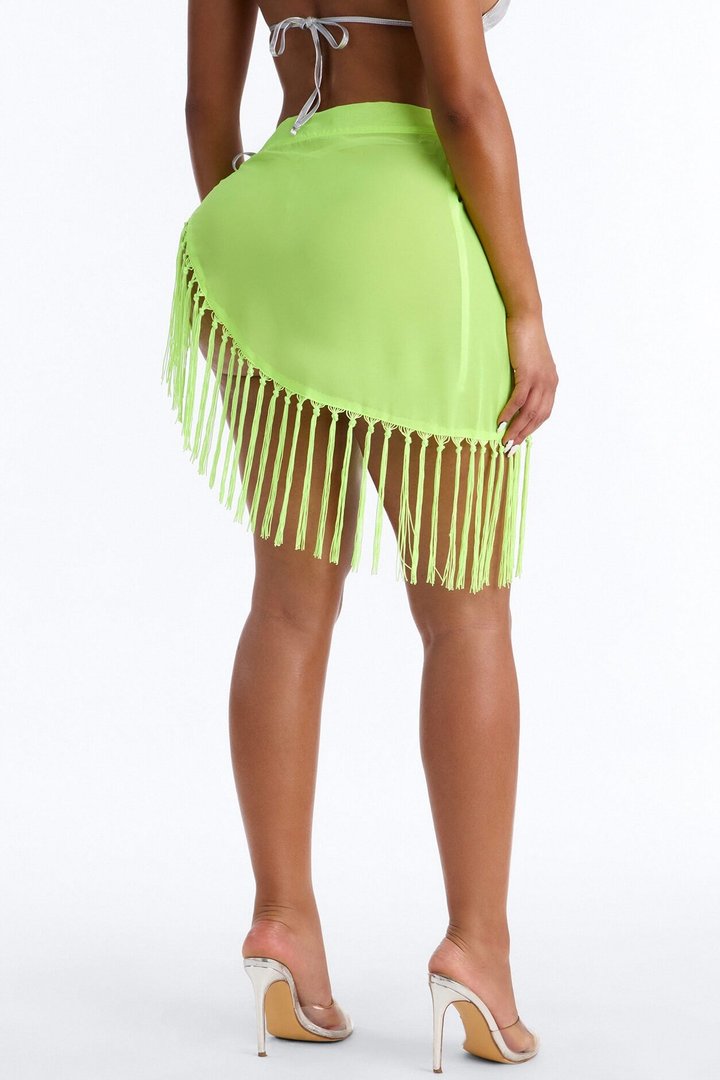 In The Tropics Mesh Fringe Swim Cover Up Sarong - Neon Yellow