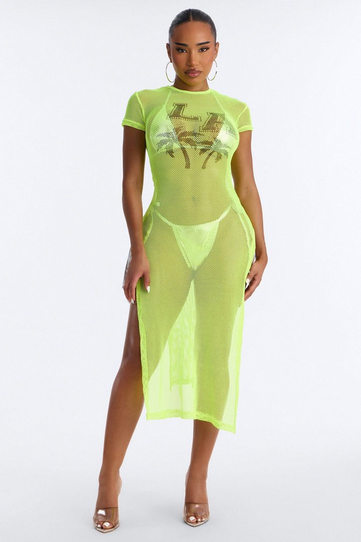 LA Nights Fishnet Cover Up Dress - Yellow