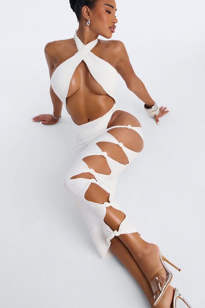 Moments Ribbed 1 Piece Halter Cut Out Swimsuit & Cover Up Midi Skirt Set - White