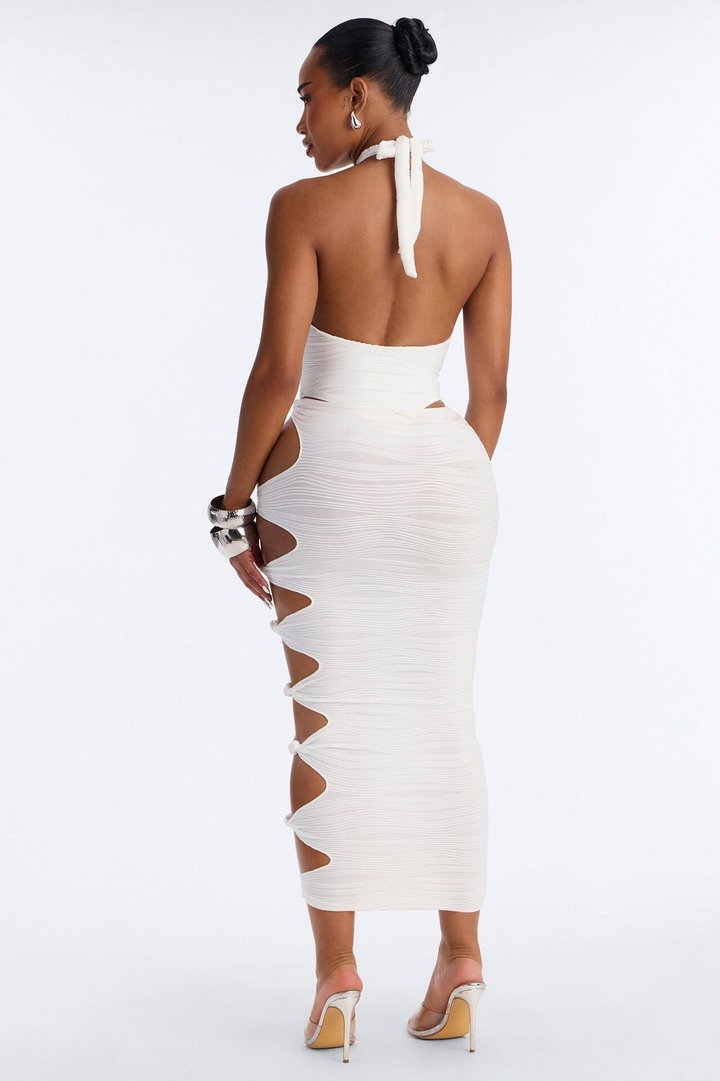 Moments Ribbed 1 Piece Halter Cut Out Swimsuit & Cover Up Midi Skirt Set - White