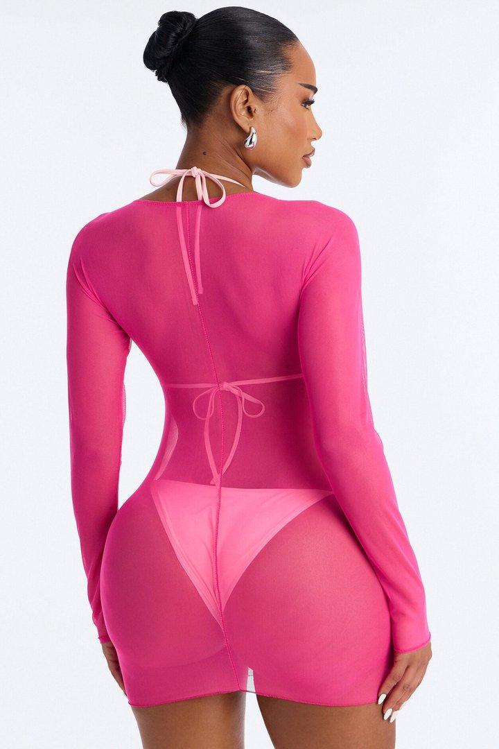 Find Your Groove Mesh Swim Cover Up Mini Dress - Hot Pink