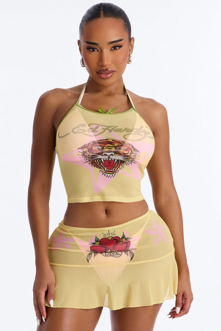 Ed Hardy Tiger Stars Cover Up Tank & Skirt Set - Yellow/combo