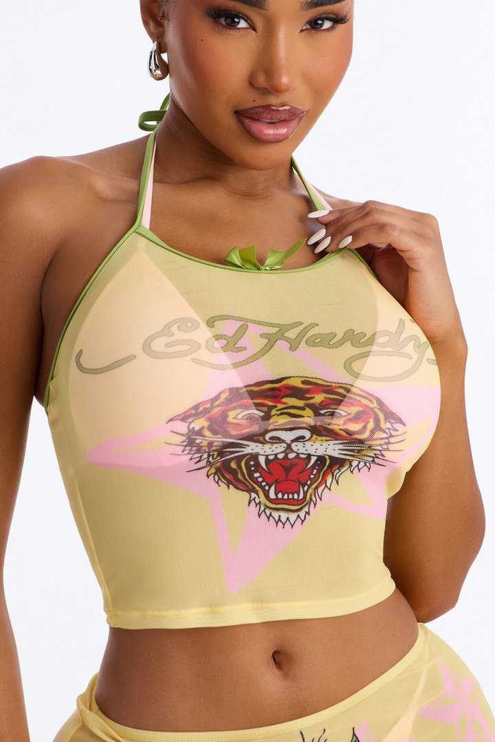 Ed Hardy Tiger Stars Cover Up Tank & Skirt Set - Yellow/combo