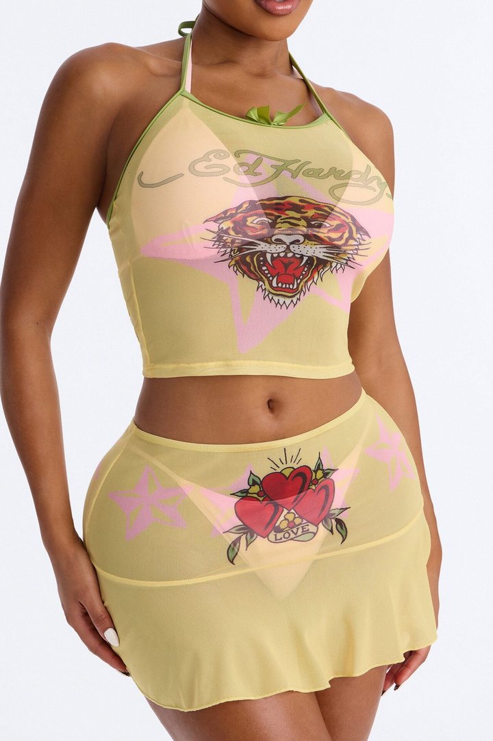 Ed Hardy Tiger Stars Cover Up Tank & Skirt Set - Yellow/combo