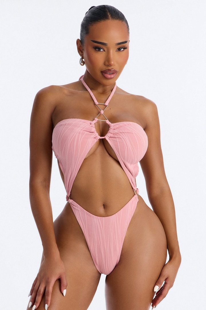 Summer On Repeat Ribbed 1 Piece Halter Bralette Cut Out Swimsuit - Pink