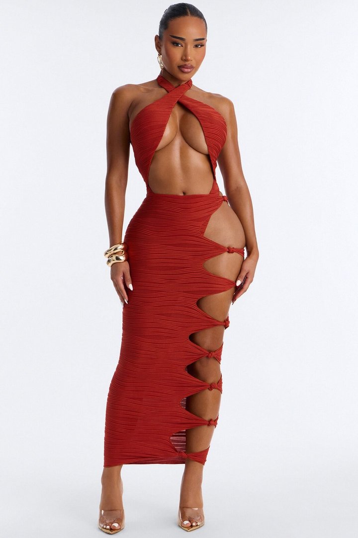 Moments Ribbed 1 Piece Halter Cut Out Swimsuit & Cover Up Midi Skirt Set - Rust