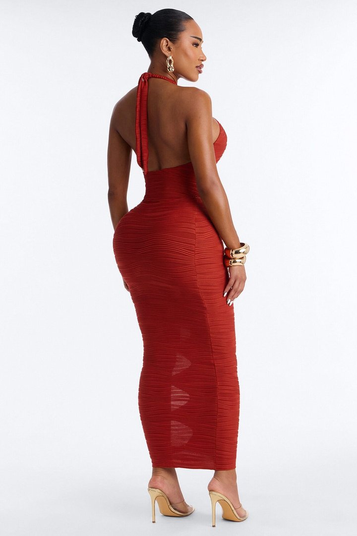 Moments Ribbed 1 Piece Halter Cut Out Swimsuit & Cover Up Midi Skirt Set - Rust