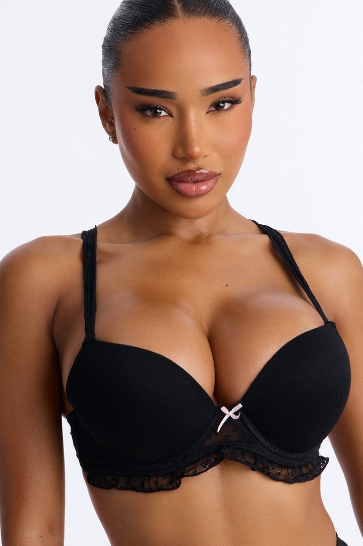 Feel A Way Ribbed Ruffle Lace Push Up Bra - Black