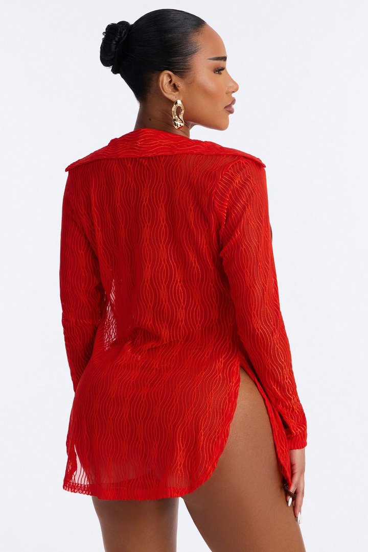 Take It Easy Mesh Cover Up Button Up Shirt - Red