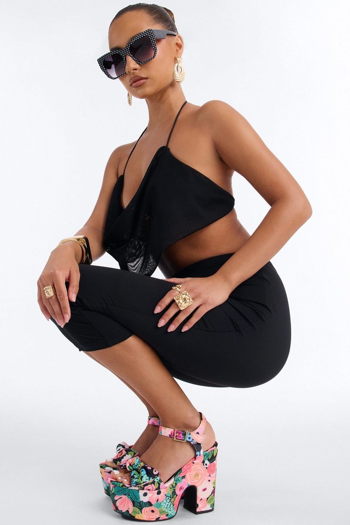 Clara Floral Print Satin Platform Heels - Black/Pink