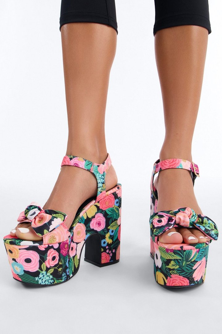 Clara Floral Print Satin Platform Heels - Black/Pink