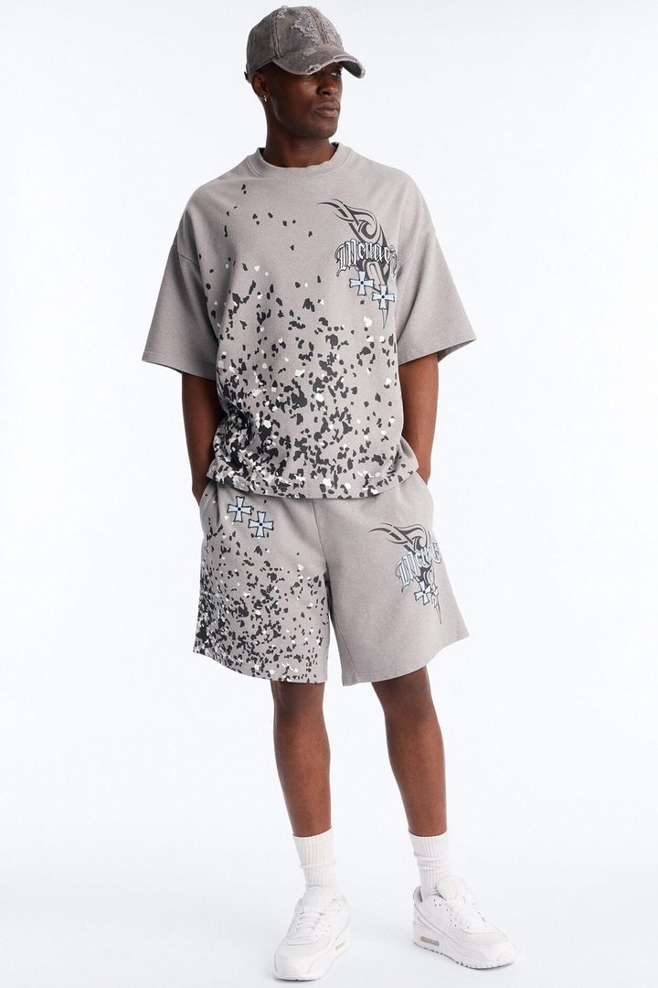 Menace Paint Splatter Embroidered Oversized French Terry Tee - Grey