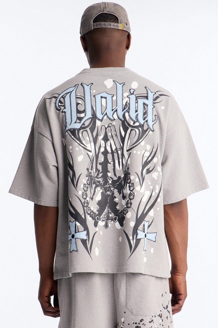 Menace Paint Splatter Embroidered Oversized French Terry Tee - Grey