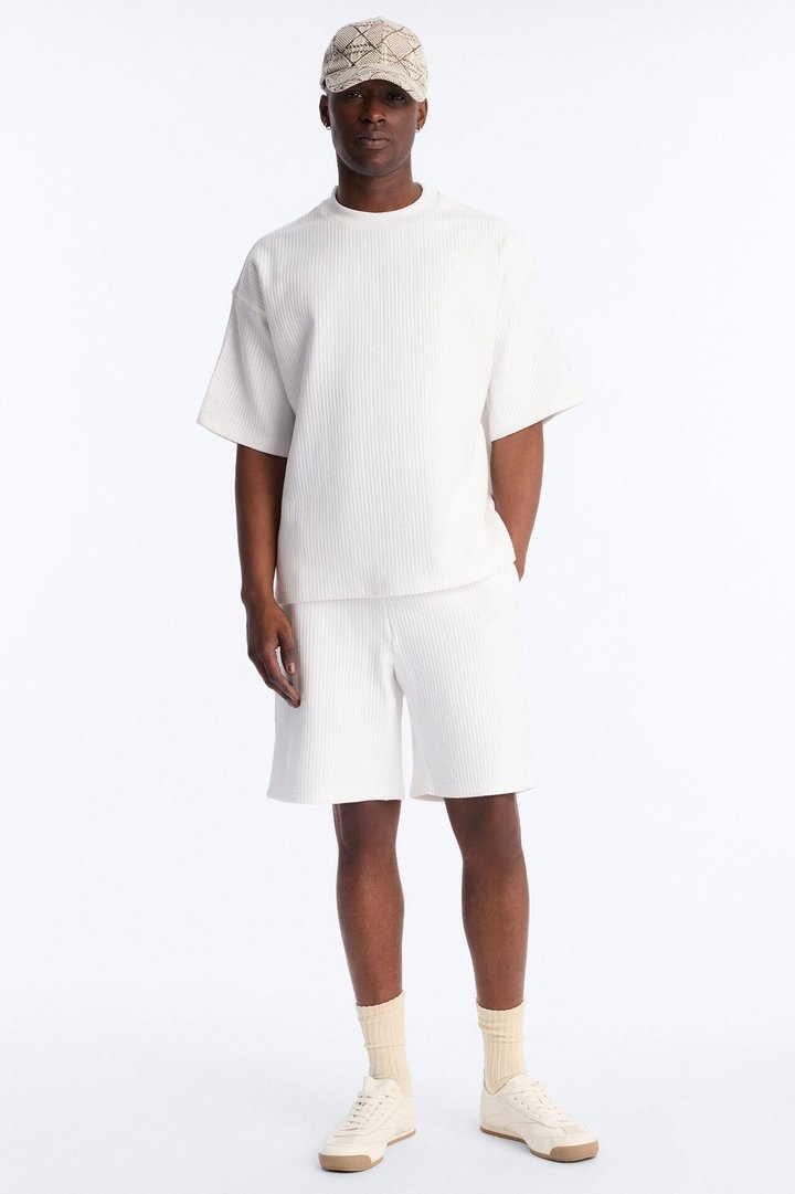 Textured Oversized Short Sleeve Fleece Tee - Cream