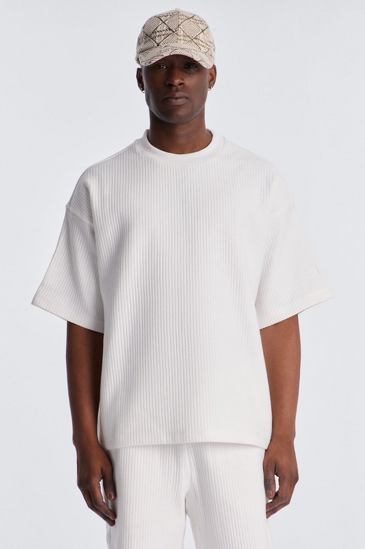 Textured Oversized Short Sleeve Fleece Tee - Cream