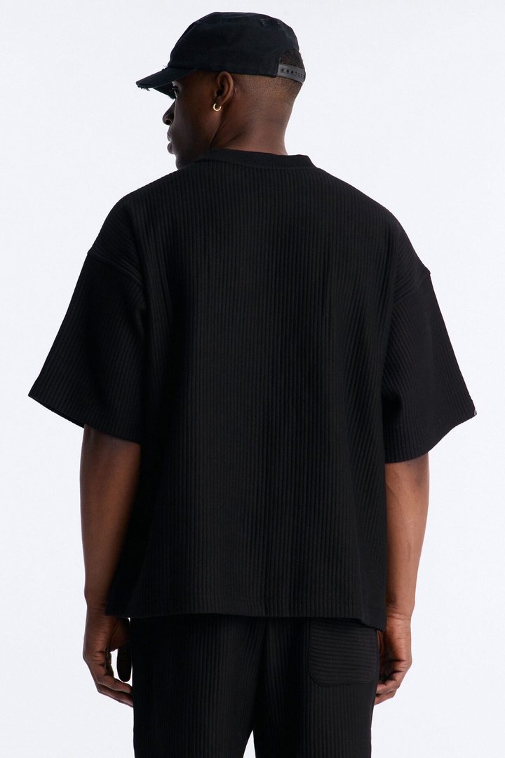 Textured Oversized Short Sleeve Fleece Tee - Black