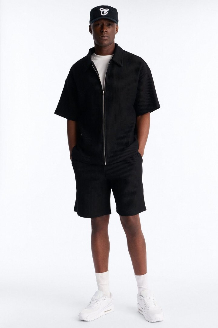 Textured Oversized Fleece Zip Up Shirt - Black