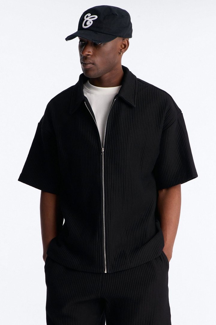 Textured Oversized Fleece Zip Up Shirt - Black
