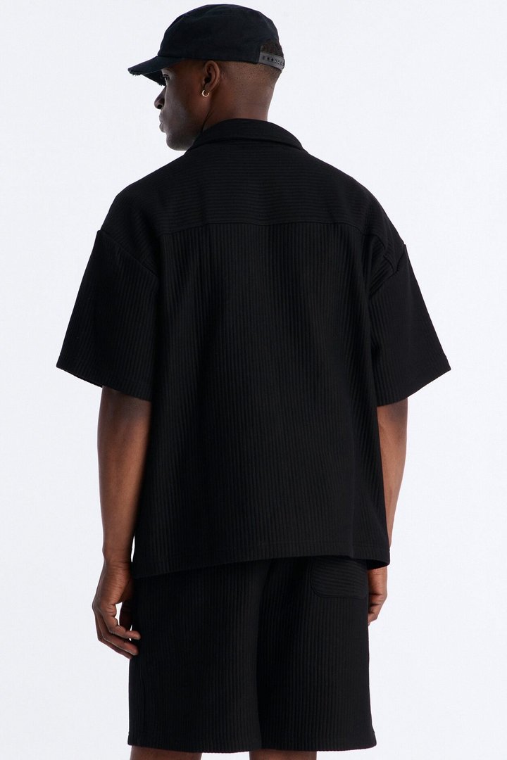 Textured Oversized Fleece Zip Up Shirt - Black