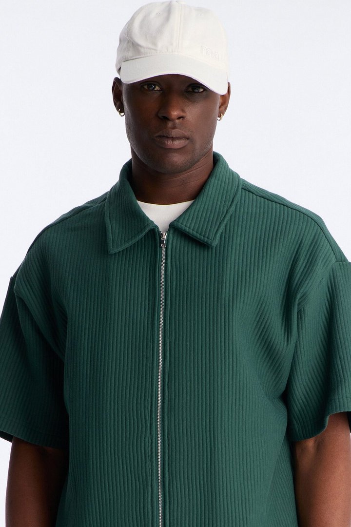 Textured Oversized Fleece Zip Up Shirt - Hunter Green