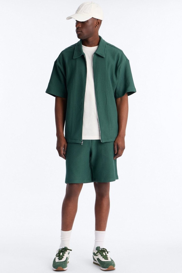 Textured Oversized Fleece Zip Up Shirt - Hunter Green