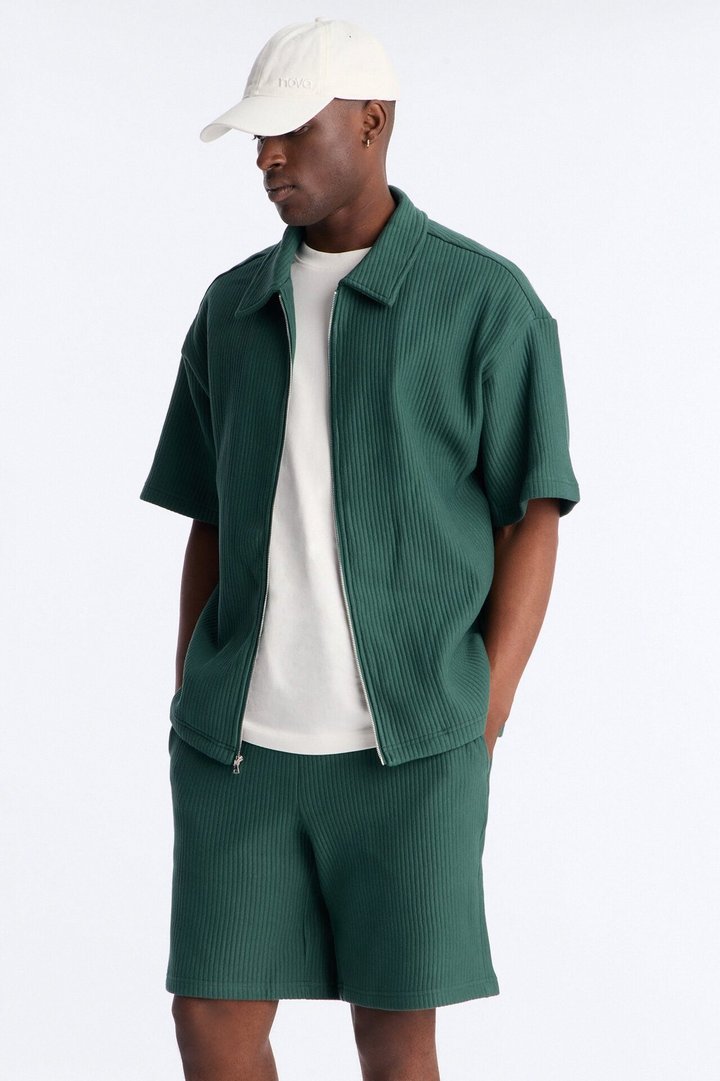 Textured Oversized Fleece Zip Up Shirt - Hunter Green