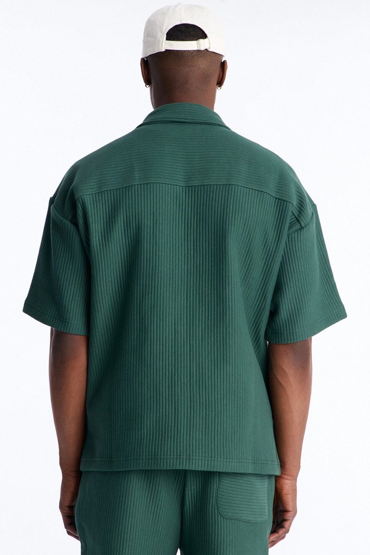 Textured Oversized Fleece Zip Up Shirt - Hunter Green
