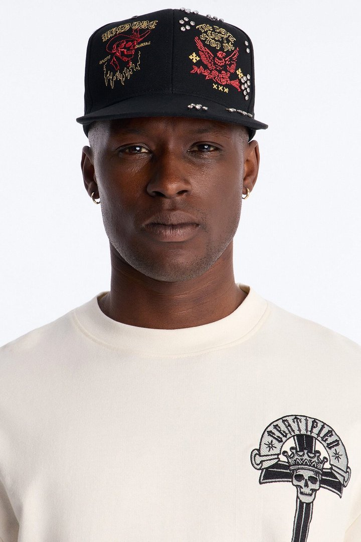 Rhinestone Graphic Embroidered Snapback Hat - Black